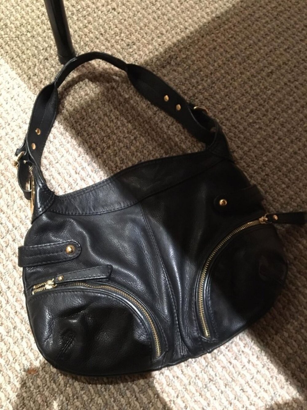 Steve Madden Black Leather Shoulder Bag with Zip Pockets